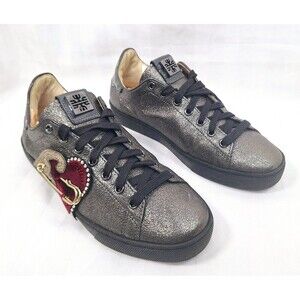 Hogl‎ Womens Metallic Pewter Leather Heart Safety Pin Sneakers Size 5.5
